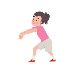 Cartoon brunette girl volleyball player in sportswear stretched out arms to hit the ball, sport game vector illustration