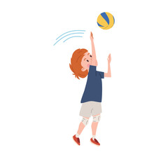 Boy volleyball player raised hands up to hit the ball, happy kid play sport game, cartoon vector isolated illustration