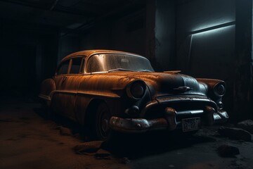 An old car in a dirty, dim space. Generative AI