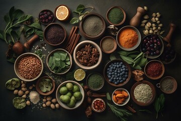 Superfoods in porcelain bowls with supplements, herbs and spices for health, fitness and vitality. Flat lay. Generative AI