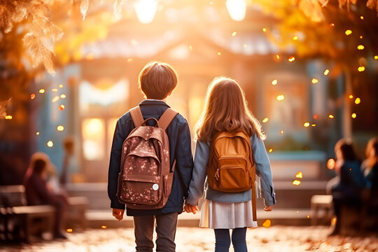 Vista trasera de dos ni&ntilde;os de la mano con mochila escolar caminando hacia la vuelta del colegio. Concepto de educaci&oacute;n y regreso a la escuela.