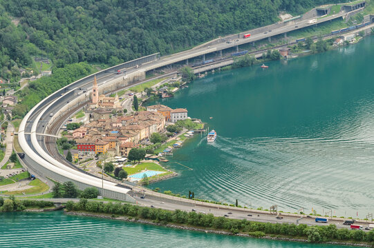 Aerial view of Bissone and Lake Lugano, Switzerland