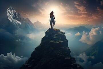 Triumph on Mountain Peak. A Confident Woman Standing Tall, Strong and Perseverant Amidst Nature's Adventure and Success: Generative AI