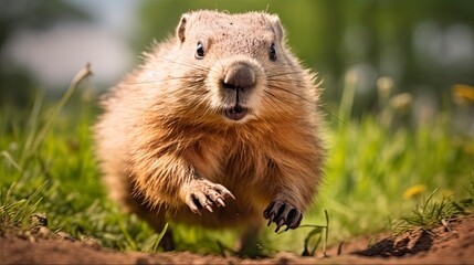 Naklejka na ściany i meble Wildlife Closeup: Groundhog Sprinting Across Field with Trees in Background: Generative AI