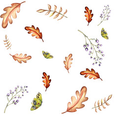 a set of watercolor elements. Autumn leaves of mountain ash, maple, oak. bright mushrooms. Cute funny foxes. suitable for printing greeting cards, invitation decor.