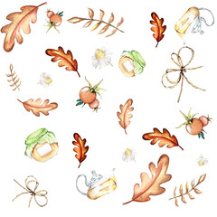 a set of watercolor elements. Autumn leaves of mountain ash, maple, oak. bright mushrooms. Cute funny foxes. suitable for printing greeting cards, invitation decor.