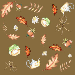 a set of watercolor elements. Autumn leaves of mountain ash, maple, oak. bright mushrooms. Cute funny foxes. suitable for printing greeting cards, invitation decor.