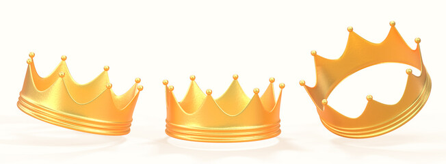 3d render set of golden crowns for king or queen, symbol of authority monarch. Royal gold metal corona icons, medieval crowning headdress emperor coronation, isolated imperial sign. 3D illustration © marozhkastudio