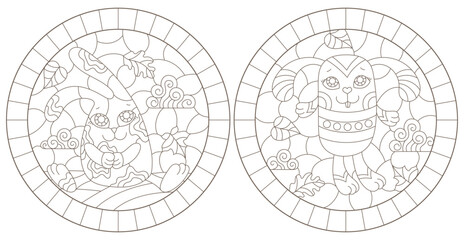 A set of contour illustrations in the style of stained glass with cute cartoon rabbits, dark contours on a white background