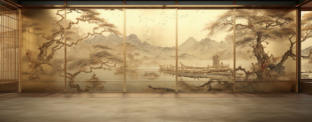 Traditionelle asiatische Wandmalerei mit warmer goldener Farbe, 3, generative AI