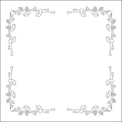 Black and white vegetal ornamental frame with wild flowers, decorative border, corners for greeting cards, banners, business cards, invitations, menus. Isolated vector illustration.