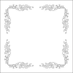 Black and white vegetal ornamental frame with wild flowers, decorative border, corners for greeting cards, banners, business cards, invitations, menus. Isolated vector illustration.