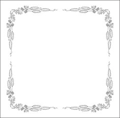 Black and white vegetal ornamental frame with wild flowers, decorative border, corners for greeting cards, banners, business cards, invitations, menus. Isolated vector illustration.