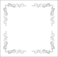 Black and white vegetal ornamental frame with wild flowers, decorative border, corners for greeting cards, banners, business cards, invitations, menus. Isolated vector illustration.