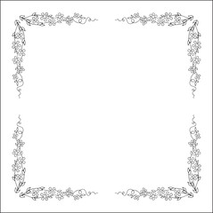 Black and white vegetal ornamental frame with wild flowers, decorative border, corners for greeting cards, banners, business cards, invitations, menus. Isolated vector illustration.