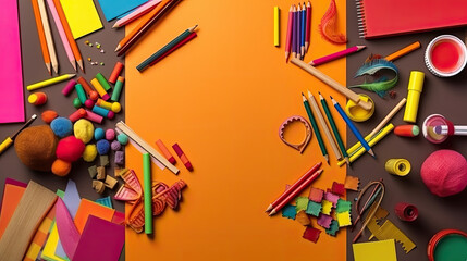 Back to school concept. Top view of colorful stationery on orange background