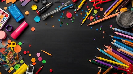 Back to school concept. Top view of school supplies on black wooden background.