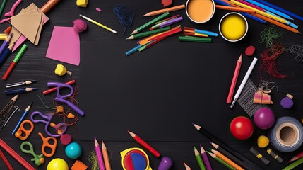 Top view of blackboard with school supplies on black background. Back to school concept