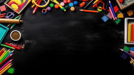 School supplies on black chalkboard background. Back to school concept.