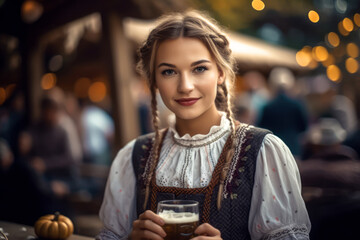 Pretty oktoberfest girl holding glass of beer
