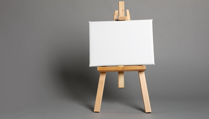 Wooden easel with blank canvas on grey background. Space for text