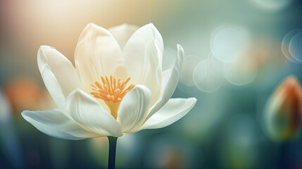 White lotus flower on blurred nature background with bokeh.