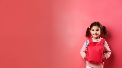 Generative AI image of copy space banner of back to school little girl with a school bag smiling