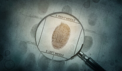 Magnifier and fingerprint police form.  Background on the theme of crime, police, detective,...