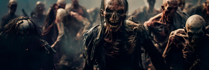 Apocalypse fantasy scene hroup of zombie walking. Halloween concept Generative AI