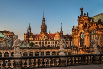  Zwinger palace (Der Dresdner Zwinger) Art Gallery of Dresden with hausmannsturm in background. Dresden, Saxony, Germany.