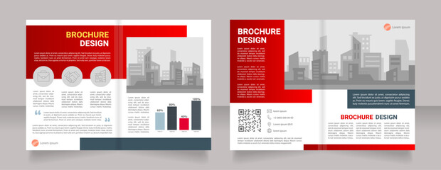 Collaboration between architects red blank brochure design. Contact info. Template set with copy space for text. Premade corporate reports collection. 4 paper pages. Myriad Pro, Heebo fonts used
