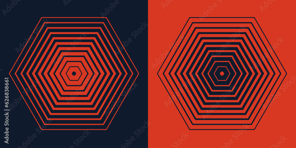 Wall mural Abstract concentric, hypnotic hexagon elements isolated on a background. Color halftone polygon pattern. Edgy line pattern concept for radio, sonar, or wave. Geometric centric vector illustration