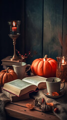 Cozy still life with books, pumpkins and a candle, generative AI.