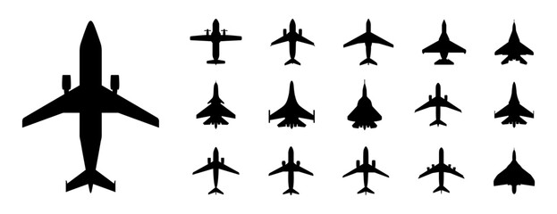 Set of black plane silhouette. Airplane icon collection. Vector plane, jet, aviation silhouette