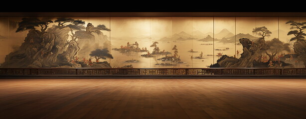 Traditionelle asiatische Wandmalerei mit warmer goldener Farbe, generative AI