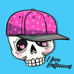 Cute cartoon skull in hat. Halloween party. Vector illustration.