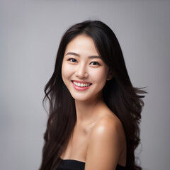 Fototapeta premium A young and beautiful Asian girl lights up the frame with her enchanting smile, dressed in a crisp white vest, set against a clean and immaculate white background. generative AI.