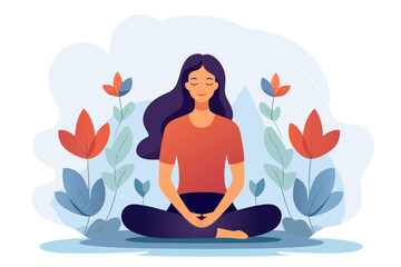 Woman sitting with a flower illustration in the background, good mental health yoga lifestyle and selfcare vector
