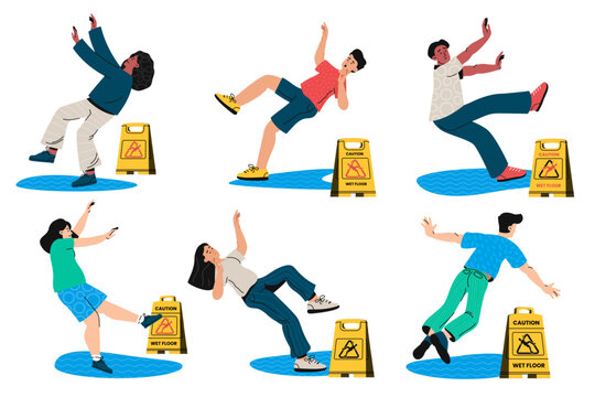 People slip on wet floor. Yellow caution sign, fall down accident, health hazard and danger. Vector man and woman stumble down on wet surface