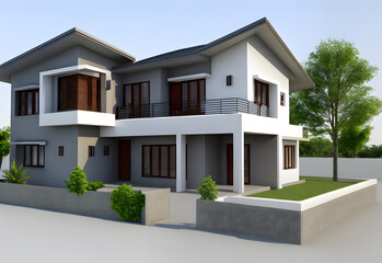 Fototapeta na wymiar Realistic minimalist modern house 3d illustration display. Mock-up house. Multi-storey house