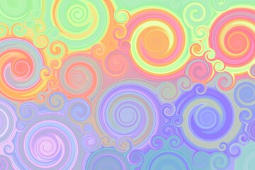 Fototapeta premium Ornamental background, spiral pattern, multicolour blending, mix of red, green, orange, blue, yellow, pink and purple, pastel colour tones