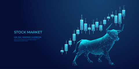 Japanese Bull and candlesticks on a technology blue background. Stock market exchange or financial technology concept. Low poly wireframe vector illustration. Polygonal bull with futuristic elements.