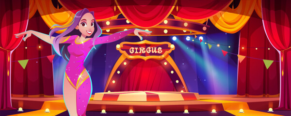 Circus stage or carnival tent arena with performer cartoon vector background. vintage marquee podium and light game concept with female artist illustration. Spotlight and red curtain for game scene