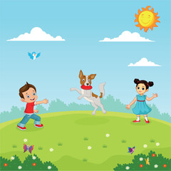 Obraz na płótnie Canvas Cartoon Kids playing with Dog in the Garden