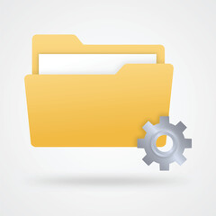 Realistic folder with document inside and settings gear vector icon. Computer file folder settings and options with shadows and reflections icon.