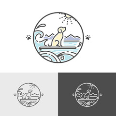 Dog logo design with sea, mountains, surfing board and waves, animal sports symbol, vector illustration