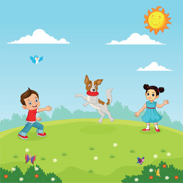 Cartoon Kids playing with Dog in the Garden