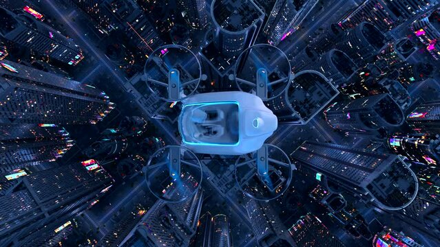 EVTOL commutes above the city. 3d animation