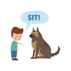 Cute kid boy saying sit to big dog flat style, vector illustration