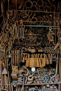 Talat Noi, Bangkok Thailand
08-28-2017

Blcksmith's rusty iron tools wall 
at Talat Noi Junkyard.